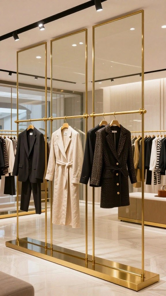 14 Gold Wall Clothes Hanger Ideas for an Elegant Boutique Inspired Display - 11. Gold and Glass for a Modern Touch 1