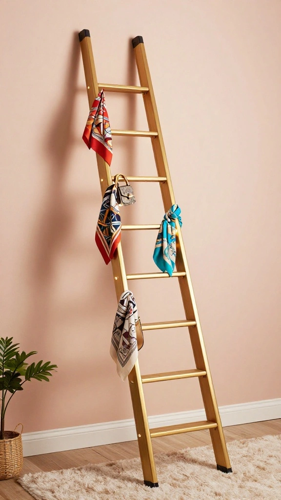 14 Gold Wall Clothes Hanger Ideas for an Elegant Boutique Inspired Display - 3. Luxurious Gold Ladders for Vertical Displays 1