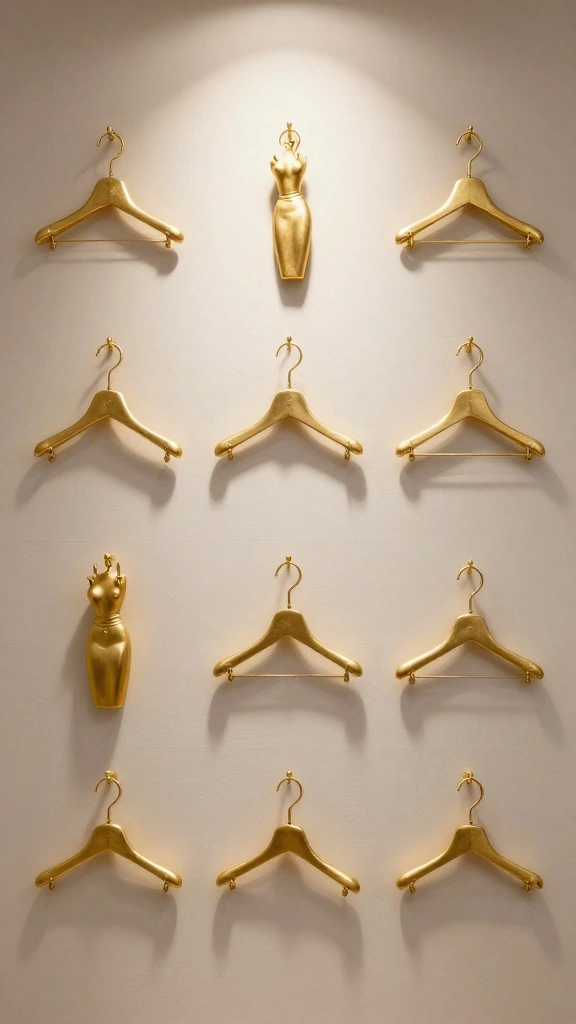 14 Gold Wall Clothes Hanger Ideas for an Elegant Boutique Inspired Display - 9. Gold Hangers with Artistic Flair 1