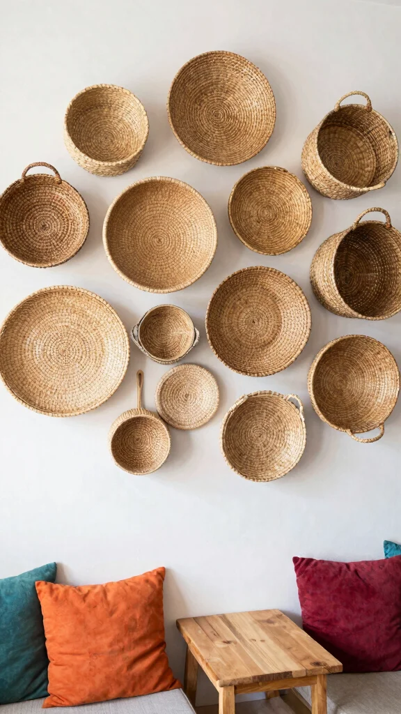 14 Hung Basket Wall Ideas for a Curated Textured Wall Display - 1. Eclectic Collection of Natural Baskets 1