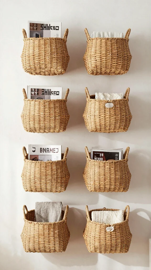 14 Hung Basket Wall Ideas for a Curated Textured Wall Display - 10. Baskets with Purpose 1