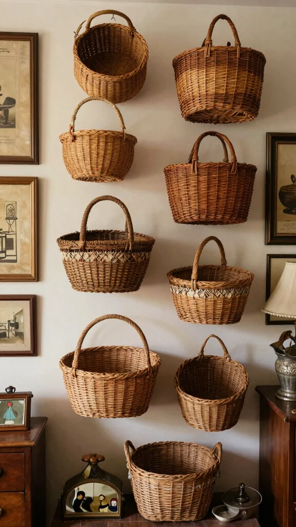 14 Hung Basket Wall Ideas for a Curated Textured Wall Display - 11. Vintage Vibes with Antique Baskets 1