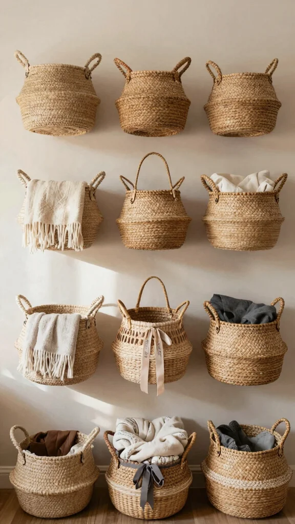 14 Hung Basket Wall Ideas for a Curated Textured Wall Display - 13. Layering with Fabrics 1