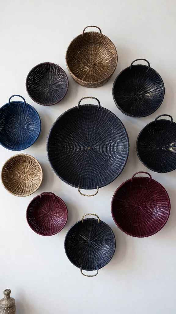 14 Hung Basket Wall Ideas for a Curated Textured Wall Display - 2. Dramatic Dark-Hued Baskets 1
