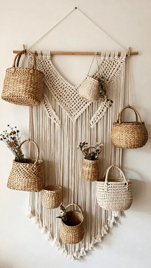 14 Hung Basket Wall Ideas for a Curated Textured Wall Display - 3. Textured Layers with Macramé 1