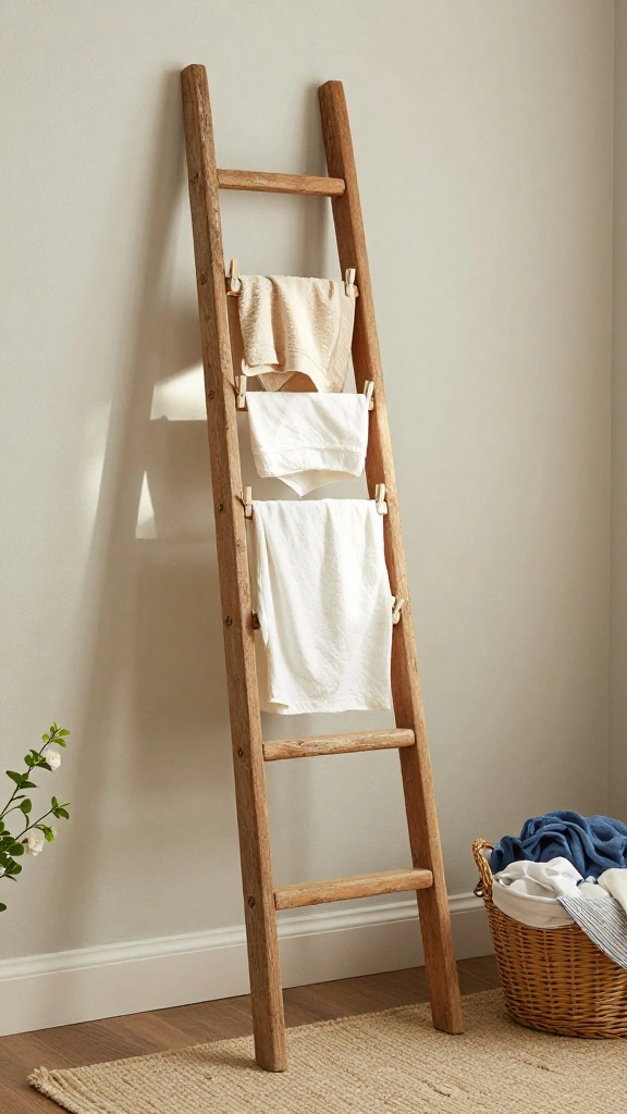 14 Laundry Room Clothes Hanger Ideas for Drying, Storing, and Organizing - 2. Vintage Ladder Hangers 1