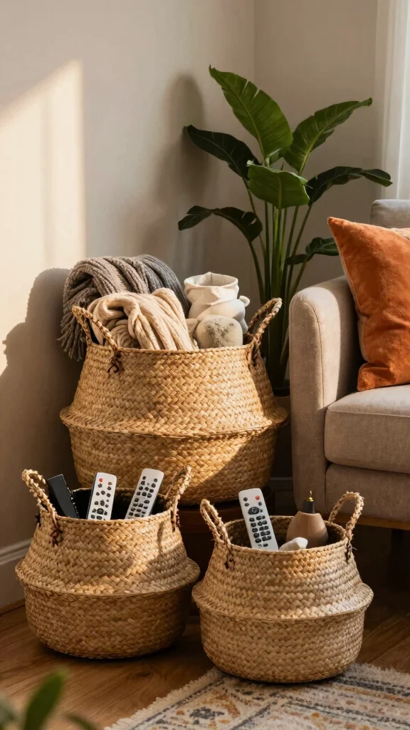 14 Living Room Basket Ideas for a Cozy Organized Styled Space - 1. Layered Seagrass Baskets 1