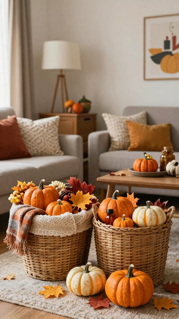 14 Living Room Basket Ideas for a Cozy Organized Styled Space - 14. Seasonal Basket Ideas 1