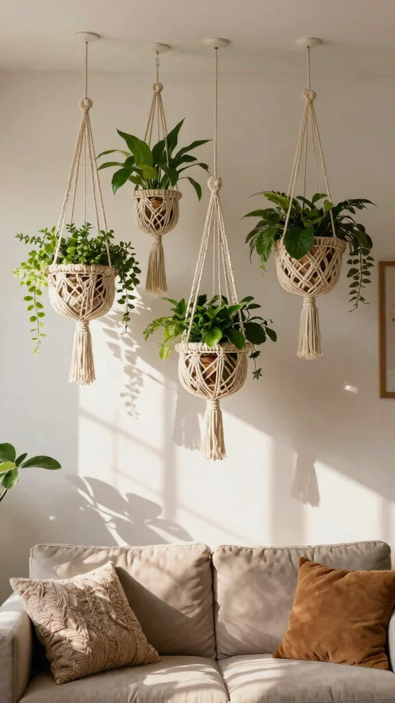 14 Living Room Basket Ideas for a Cozy Organized Styled Space - 2. Macramé Hanging Baskets 1