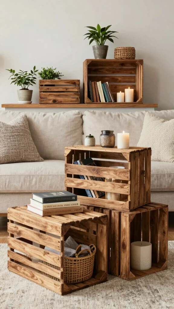 14 Living Room Basket Ideas for a Cozy Organized Styled Space - 3. Rustic Wooden Crate Baskets 1