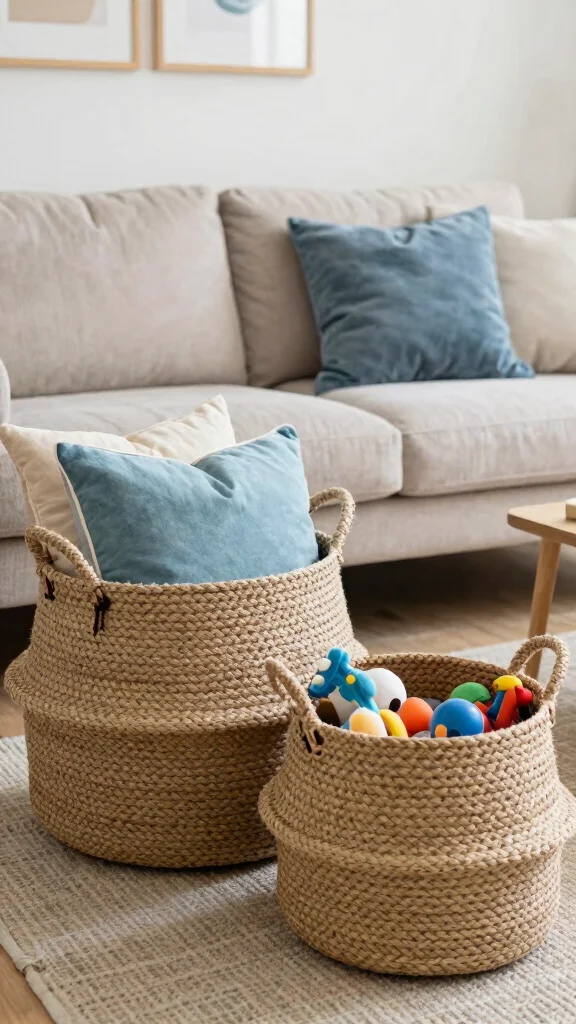 14 Living Room Basket Ideas for a Cozy Organized Styled Space - 4. Woven Rope Baskets 1