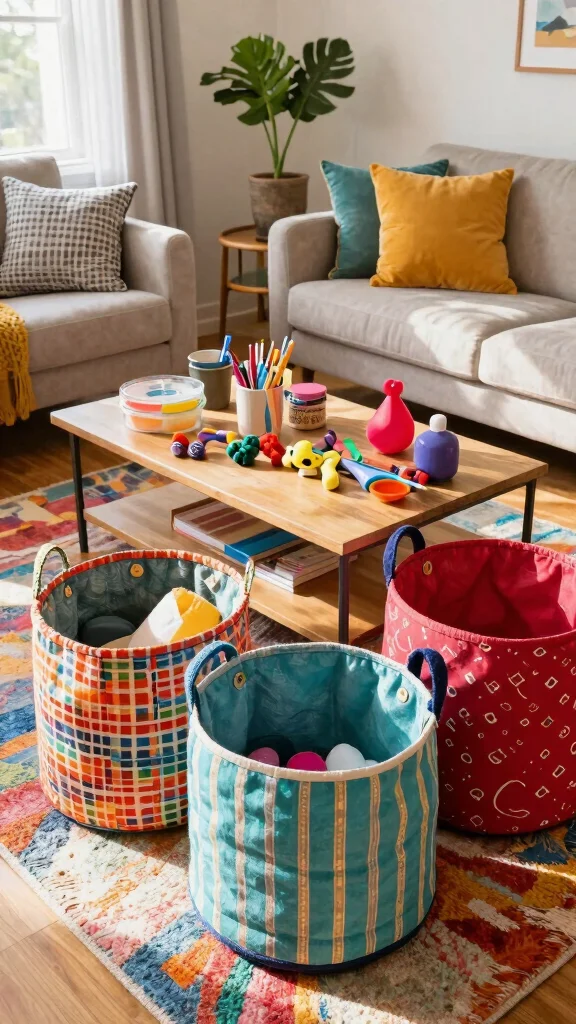 14 Living Room Basket Ideas for a Cozy Organized Styled Space - 5. Colorful Fabric Baskets 1