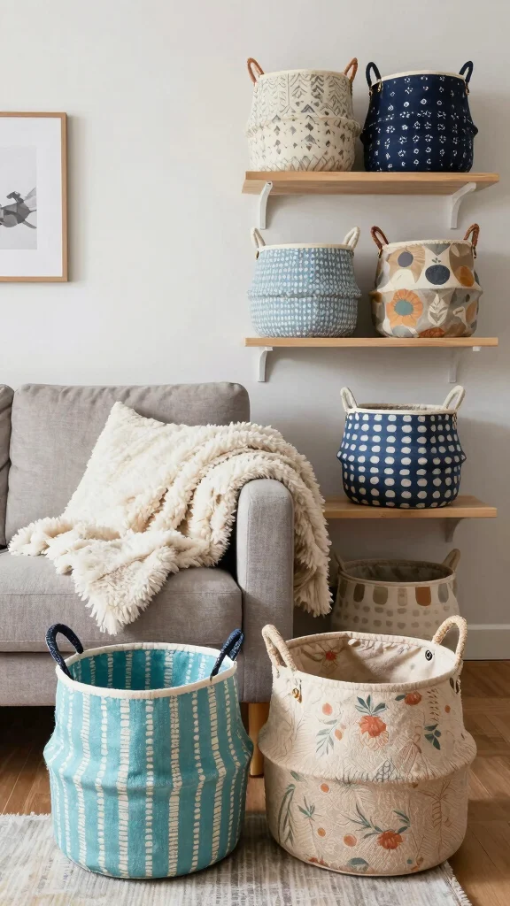 14 Living Room Basket Ideas for a Cozy Organized Styled Space - 7. Stylish Canvas Baskets 1