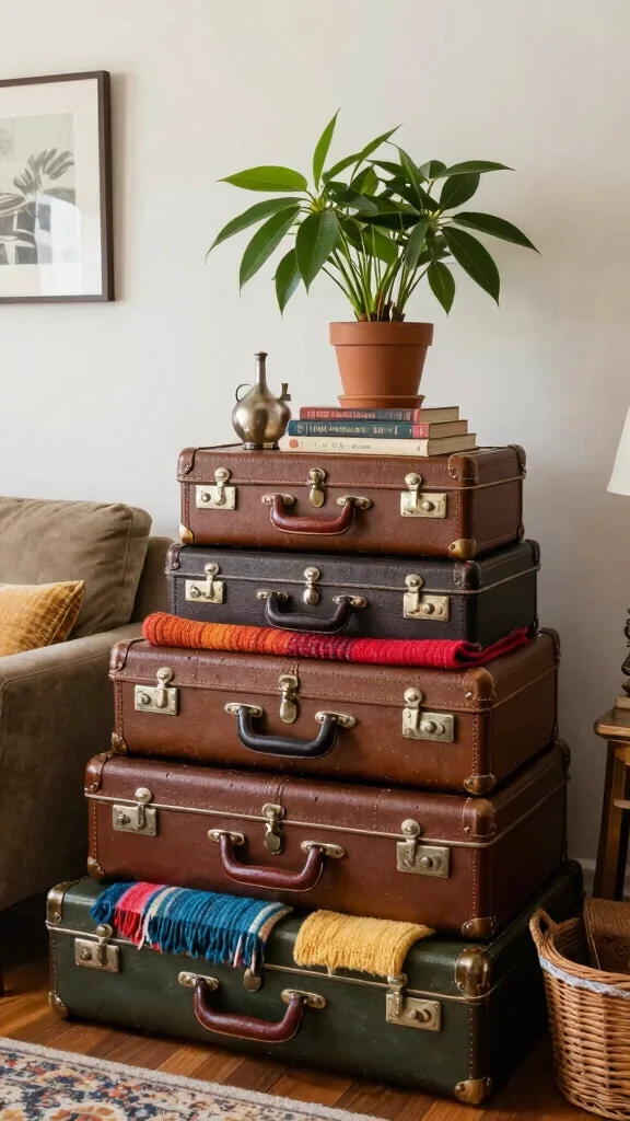 14 Living Room Basket Ideas for a Cozy Organized Styled Space - 8. Vintage Suitcase Baskets 1