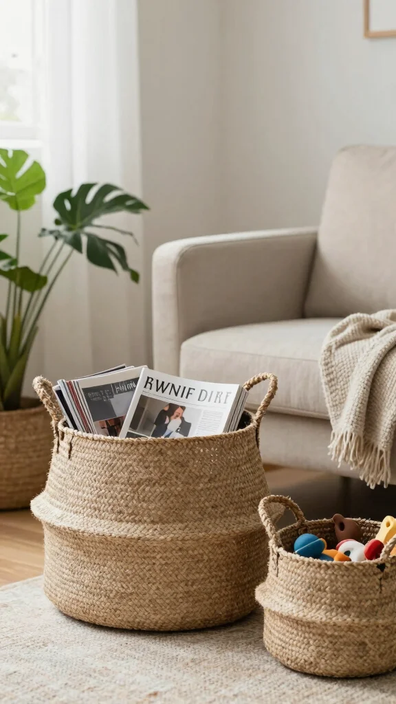 14 Living Room Basket Ideas for a Cozy Organized Styled Space - 9. Natural Fiber Baskets 1