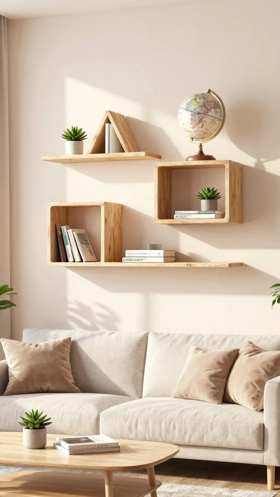 14 Living Room Shelf Ideas for a Styled Functional Display - 1. Floating Shelves with a Twist 1