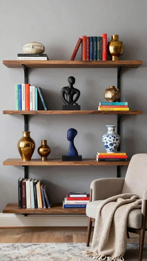 14 Living Room Shelf Ideas for a Styled Functional Display - 11. Artistic Shelf Displays 1