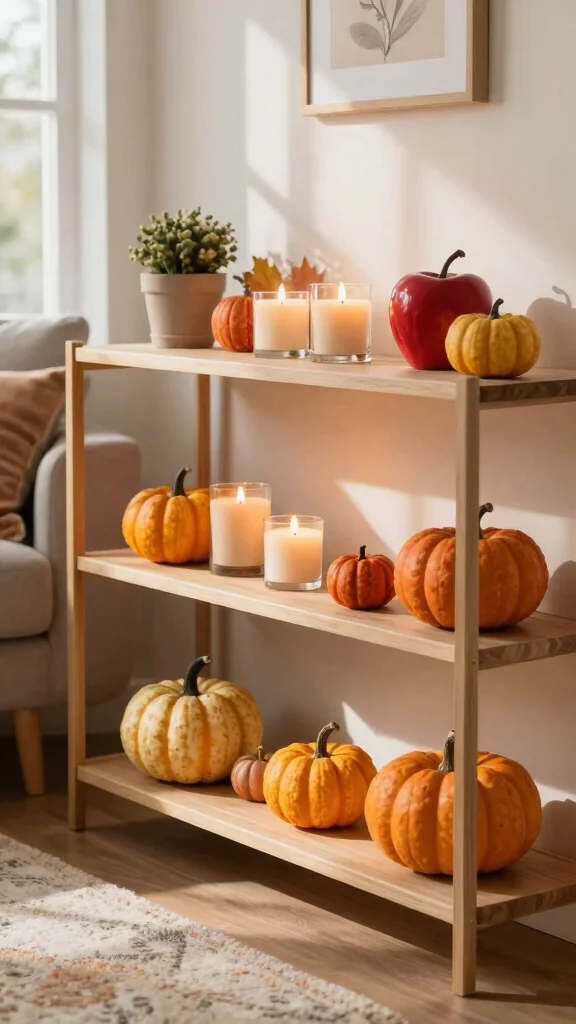 14 Living Room Shelf Ideas for a Styled Functional Display - 13. Seasonal Shelf Styling 1