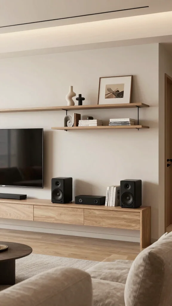 14 Living Room Shelf Ideas for a Styled Functional Display - 14. Integrated Technology and Shelving 1