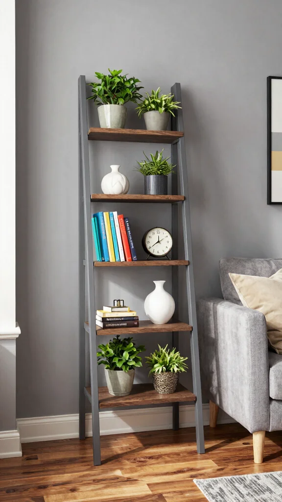 14 Living Room Shelf Ideas for a Styled Functional Display - 3. Ladder Shelf Display 1