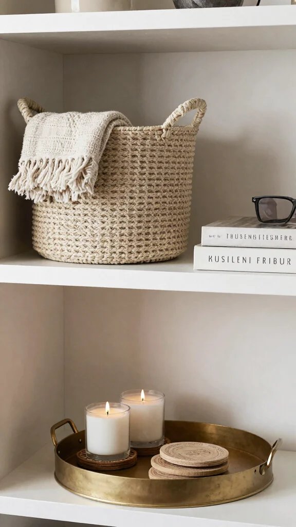 14 Living Room Shelf Styling Ideas for a Balanced Curated Display - 10. Use Functional Decor 1