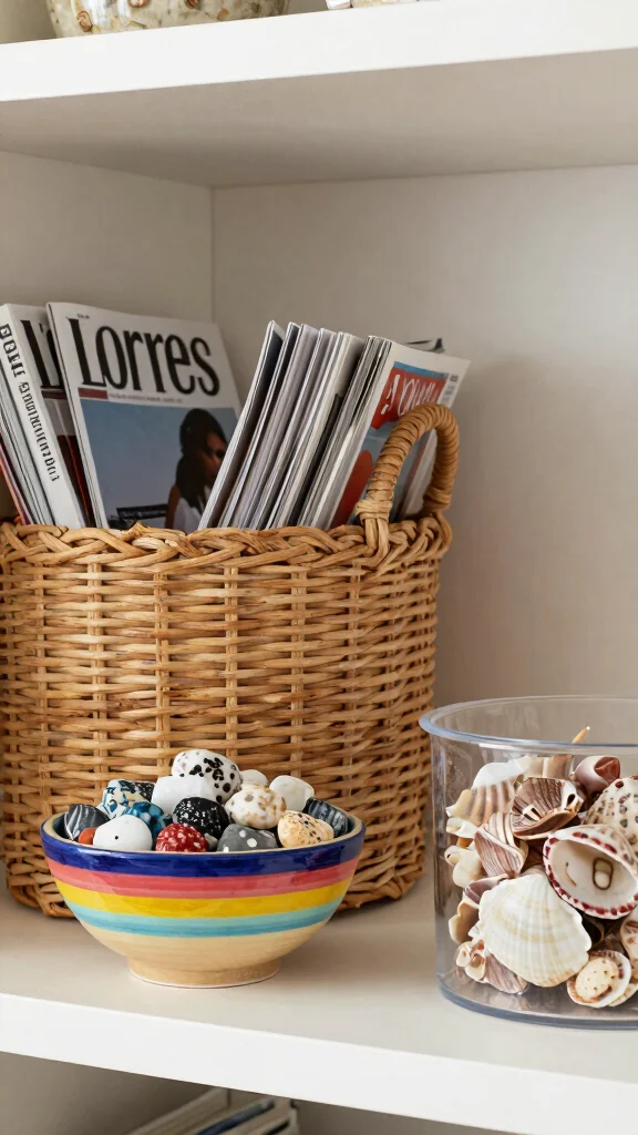 14 Living Room Shelf Styling Ideas for a Balanced Curated Display - 13. Incorporate Unique Containers 1