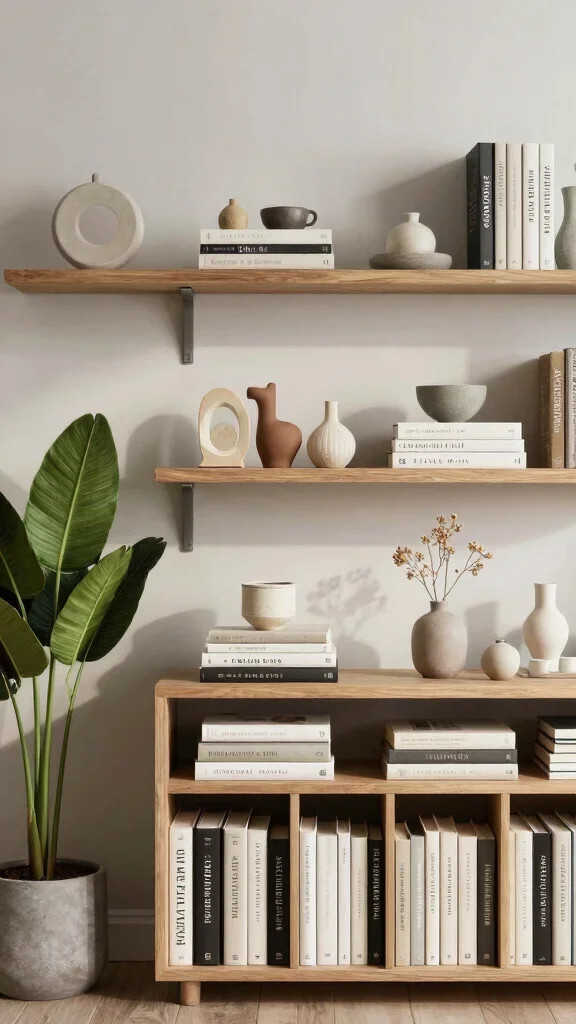 14 Living Room Shelf Styling Ideas for a Balanced Curated Display - 7. Balance Heights and Proportions 1