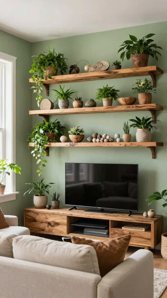 14 Over-TV Shelf Ideas for a Smart Styled Entertainment Wall - 12. Nature-Inspired Displays 1