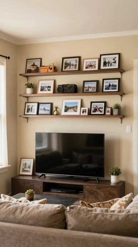 14 Over-TV Shelf Ideas for a Smart Styled Entertainment Wall - 13. Personal Touches with Memorabilia 1