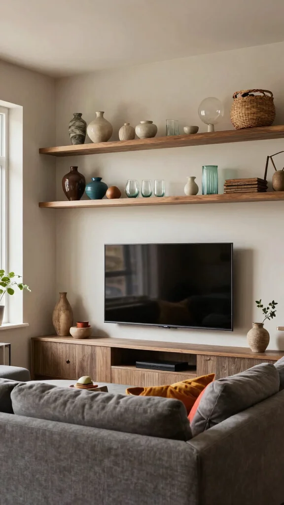 14 Over-TV Shelf Ideas for a Smart Styled Entertainment Wall - 14. Layered Textures and Colors 1