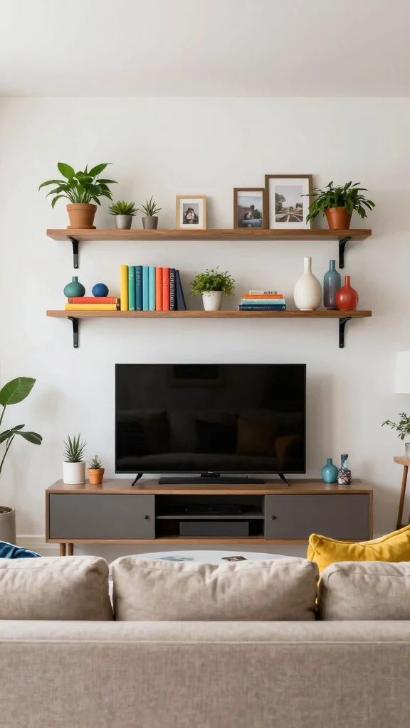 14 Over-TV Shelf Ideas for a Smart Styled Entertainment Wall - 2. Tiered Shelf Designs for Depth 1