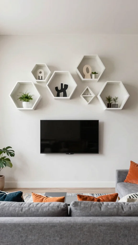 14 Over-TV Shelf Ideas for a Smart Styled Entertainment Wall - 3. Minimalist Geometric Shapes 1