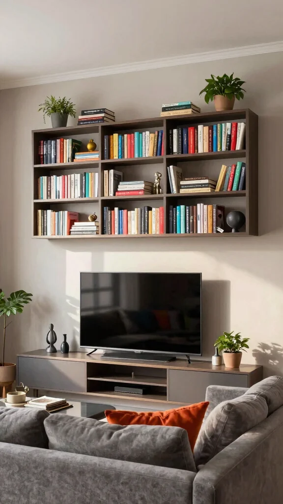 14 Over-TV Shelf Ideas for a Smart Styled Entertainment Wall - 6. Chic Bookshelf Above 1