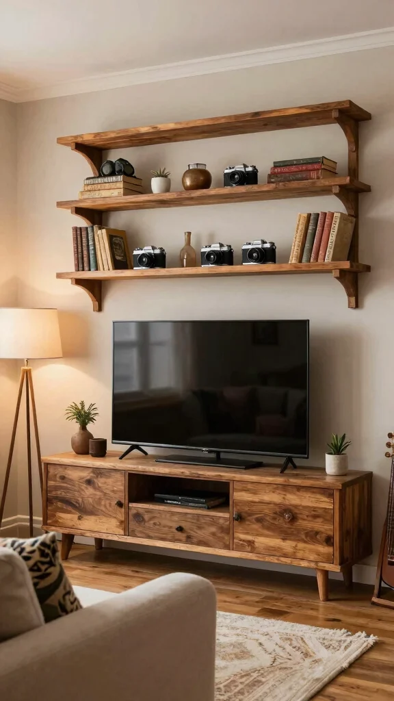 14 Over-TV Shelf Ideas for a Smart Styled Entertainment Wall - 8. Vintage-Inspired Shelving 1