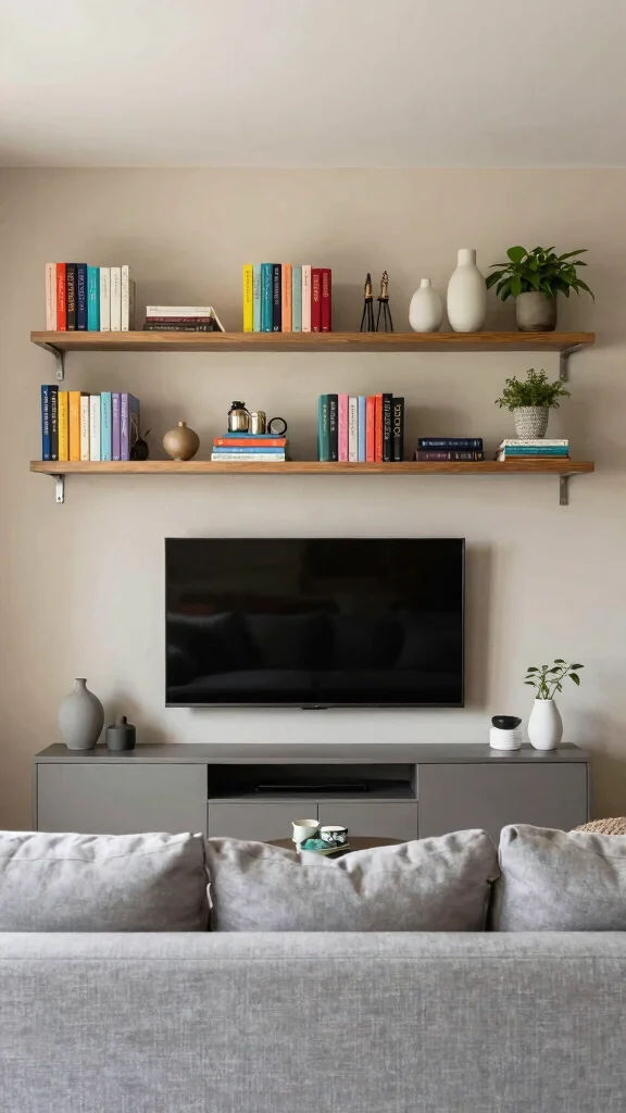 14 Over-TV Shelf Ideas for a Smart Styled Entertainment Wall - 9. Open Shelving for Display and Storage 1