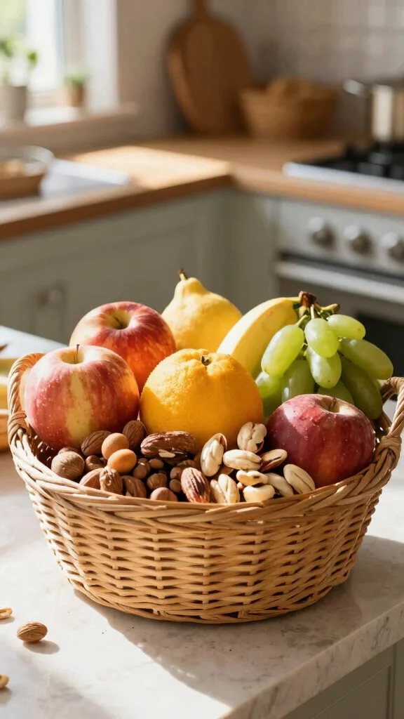 14 Thank You Gift Basket Ideas for a Heartfelt Thoughtful Gesture - 12. Seasonal Fruit and Nut Basket 1