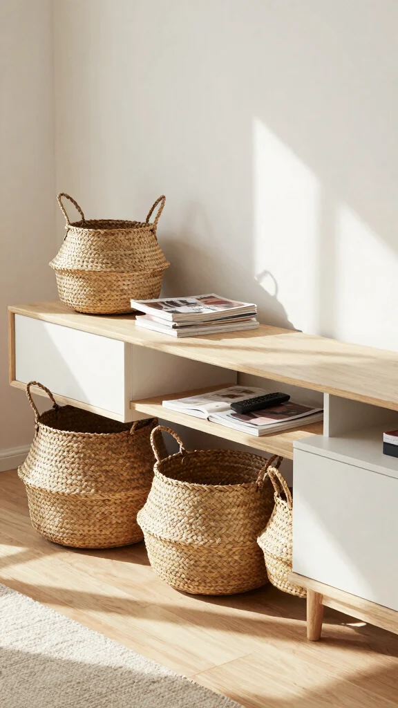 14 Under TV Stand Basket Ideas for a Sleek Clutter Free Living Room - 1. Woven Seagrass Baskets 1