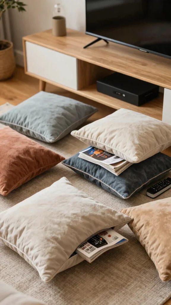 14 Under TV Stand Basket Ideas for a Sleek Clutter Free Living Room - 10. Pillows with Hidden Storage 1