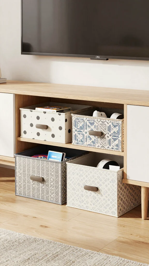 14 Under TV Stand Basket Ideas for a Sleek Clutter Free Living Room - 11. Decorative Storage Boxes 1