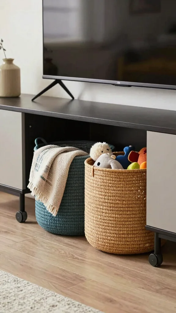 14 Under TV Stand Basket Ideas for a Sleek Clutter Free Living Room - 12. Stylish Baskets on Wheels 1