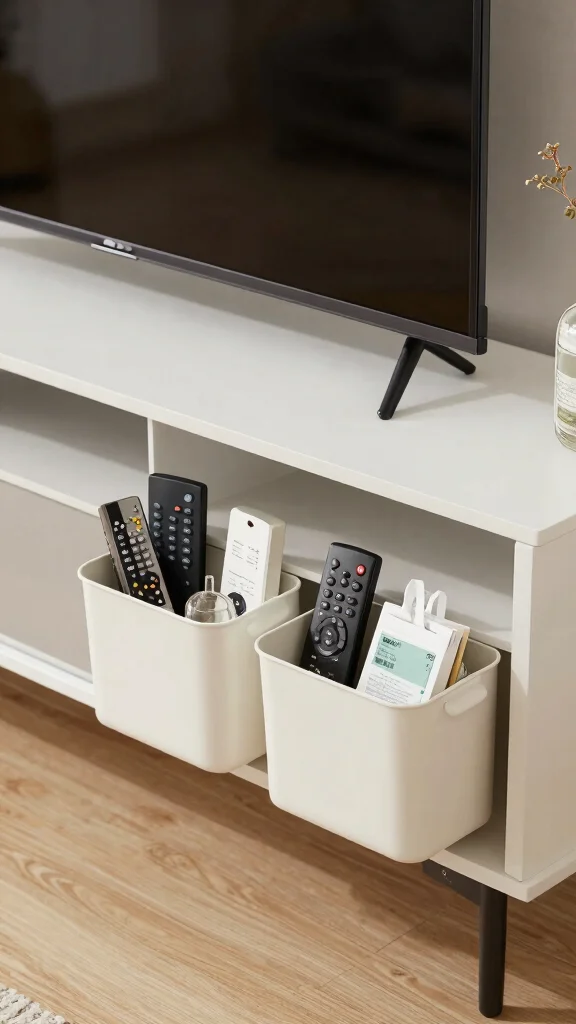 14 Under TV Stand Basket Ideas for a Sleek Clutter Free Living Room - 13. Clip-On Baskets 1