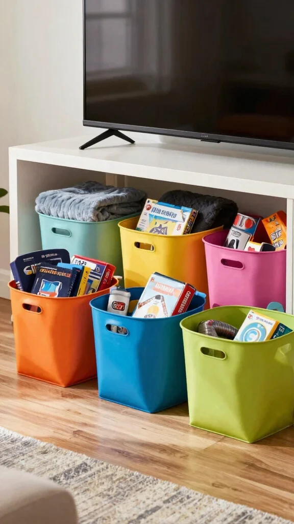 14 Under TV Stand Basket Ideas for a Sleek Clutter Free Living Room - 14. Color-Coded Baskets 1
