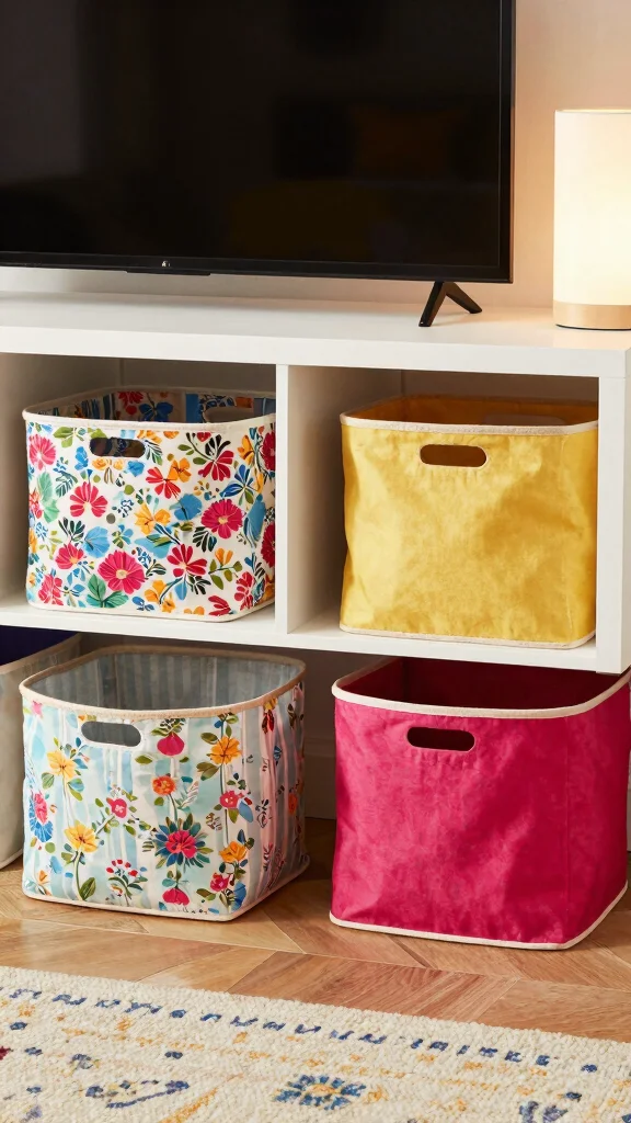 14 Under TV Stand Basket Ideas for a Sleek Clutter Free Living Room - 2. Fabric Storage Baskets 1