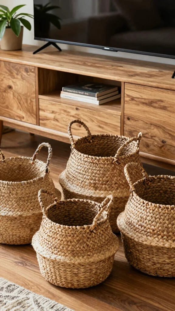 14 Under TV Stand Basket Ideas for a Sleek Clutter Free Living Room - 3. Rattan Baskets 1