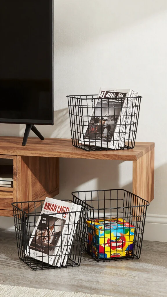 14 Under TV Stand Basket Ideas for a Sleek Clutter Free Living Room - 4. Metal Wire Baskets 1