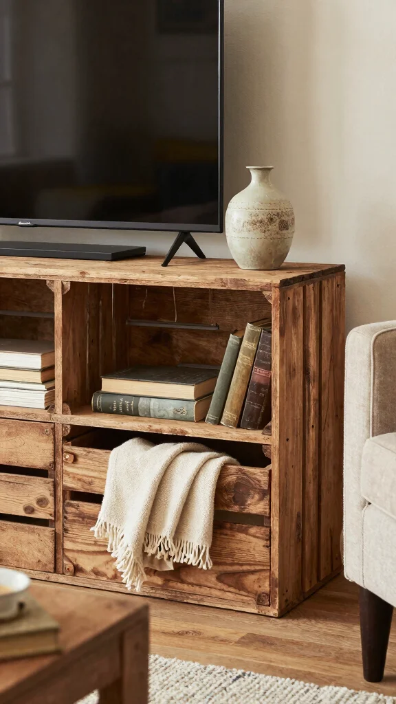 14 Under TV Stand Basket Ideas for a Sleek Clutter Free Living Room - 5. Wooden Crates 1