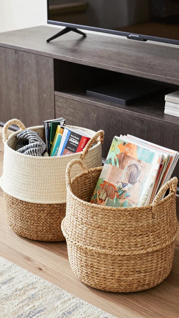 14 Under TV Stand Basket Ideas for a Sleek Clutter Free Living Room - 7. Nested Baskets 1