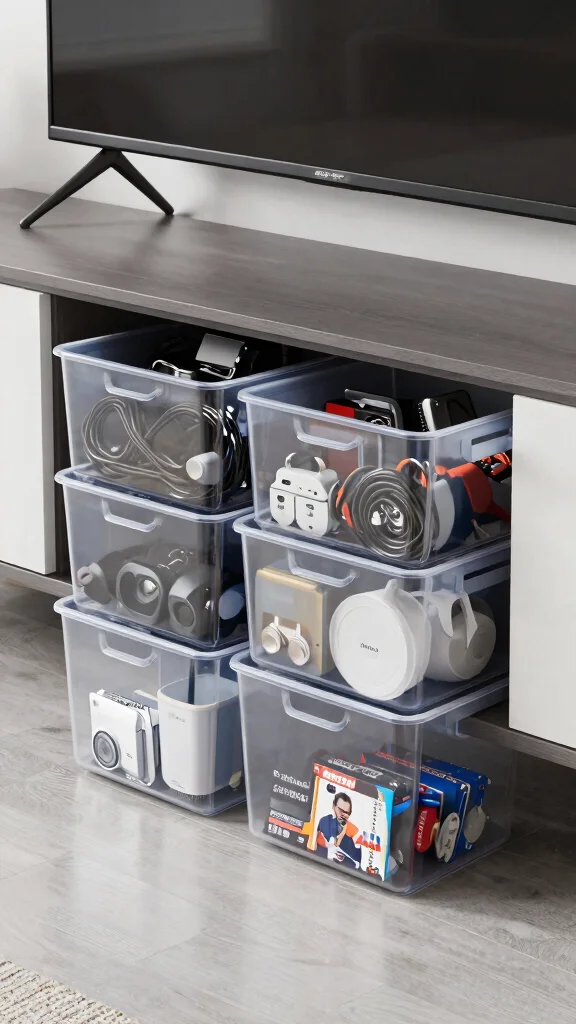 14 Under TV Stand Basket Ideas for a Sleek Clutter Free Living Room - 8. Clear Storage Bins 1