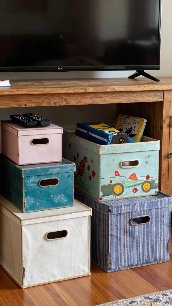 14 Under TV Stand Basket Ideas for a Sleek Clutter Free Living Room - 9. Upcycled Boxes 1