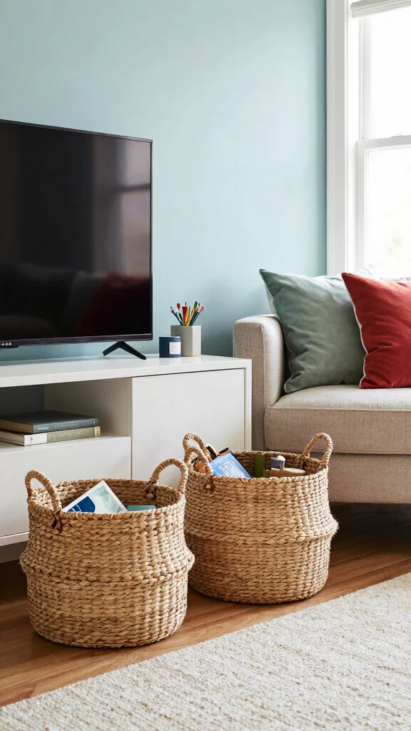 14 Under-TV Wall Shelf Ideas for a Sleek Organized Media Setup - 11. Decorative Baskets for Storage 1